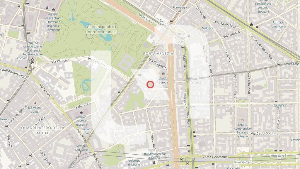 Mappa della zona di Via Tommaso Salvini 5, Milano, con l'indicatore della sede Leexè nel quadrilatero del silenzio.